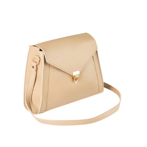 Lavenia Chic Beige Structured Handbag with Gold Accent